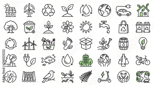 Nature and Environment Outline Icon Set with Plants Animals