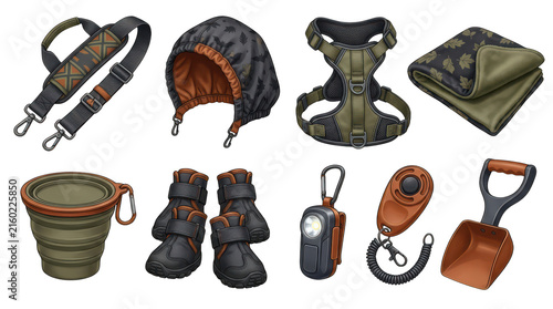 Collection of essential pet accessories and outdoor gear including harness boots and collapsible bowl for hiking adventures transparent background