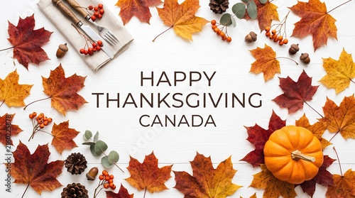 Happy thanksgiving canada greeting with colorful autumn maple leaves and a pumpkin on a white wooden background