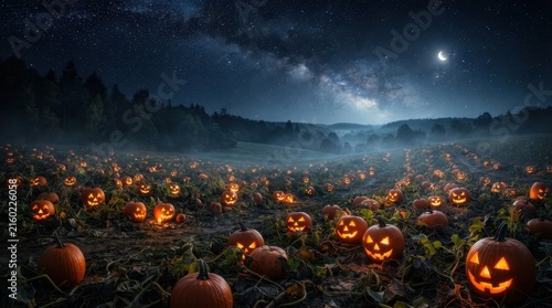 Field of Jack O Lanterns Under Starry Sky