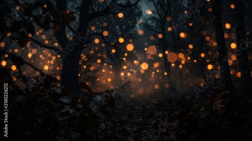 Golden Bokeh Particles Floating in Dark Forest