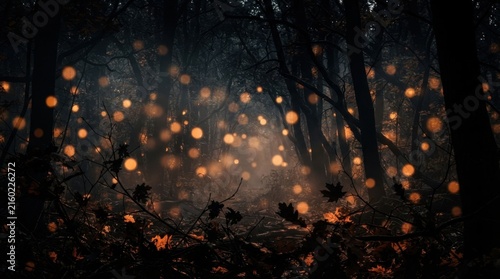 Bokeh Lights Floating in Dark Spooky Forest