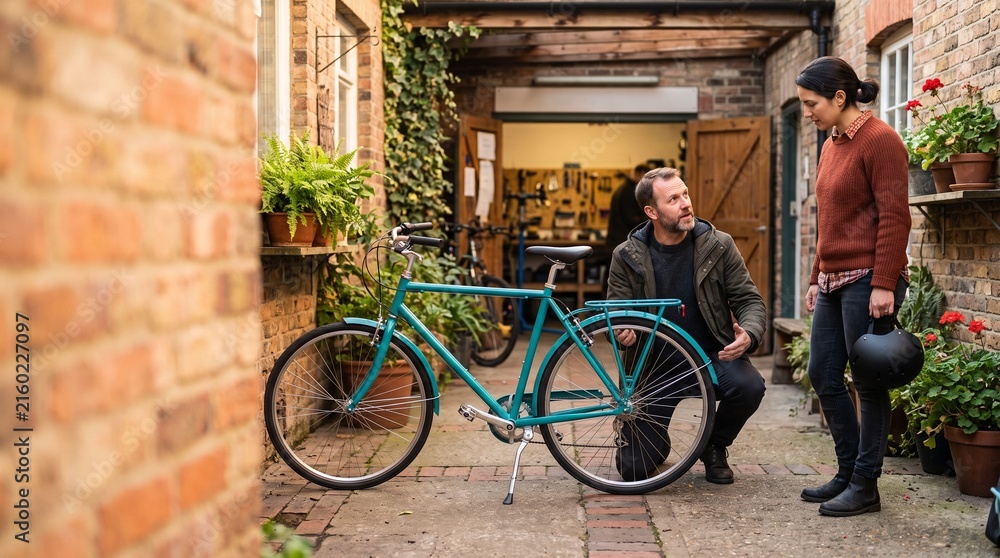 Obraz premium Cycling instructor guides commuter bicycle care outdoors