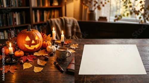 Blank Paper Mockup on Halloween Desk