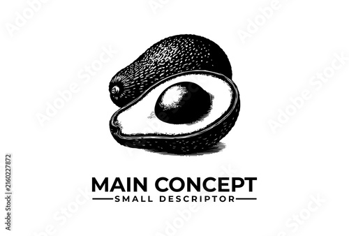 Avocado illustration with whole and sliced fruit works as a vintage logo design.