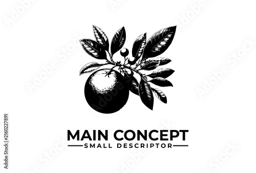 Orange branch vector logo template displayed with detailed vintage line art design.