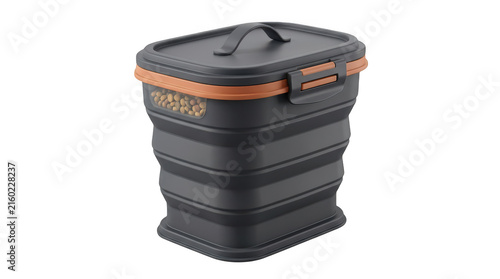Modern collapsible dark grey pet food storage container with orange accents and latch for travel convenience transparent background