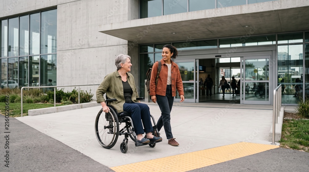 Obraz premium Wheelchair user approaches an accessible transit entrance