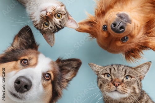 Cute dogs and cats peeking from corners on blue background template, Vector illustration of funny cats and dogs peeking from edges with copy space on light blue background for pet care frame.