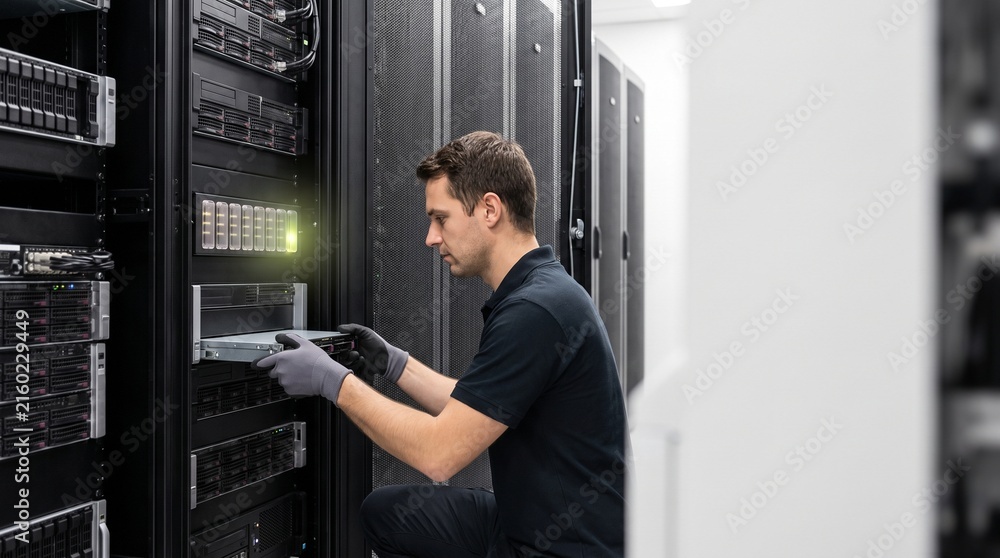 Fototapeta premium IT technician installing server hardware in a data center rack