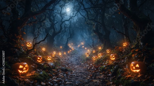 Eerie Forest Path Lined with Jack O Lanterns