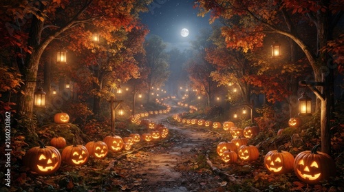 Illuminated Pumpkin Trail in Autumn Park