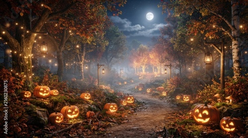 Magical Autumn Park Lined with Jack O Lanterns