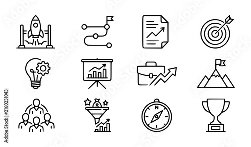 Startup strategy and business planning outline icon collection with launch growth target and analytics