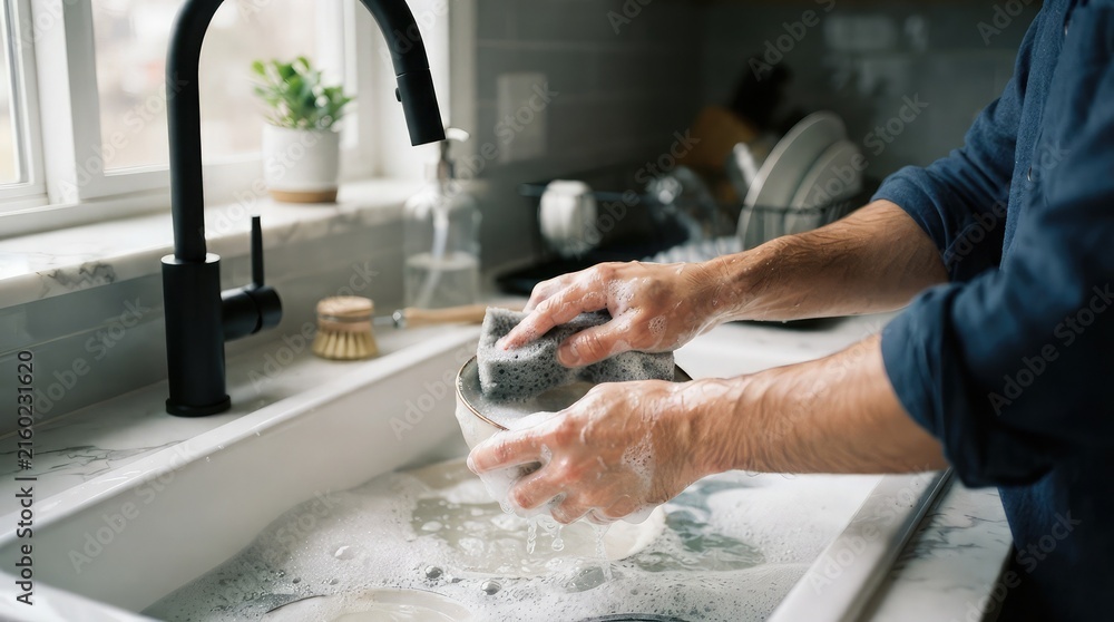 Fototapeta premium Person washing a glass by hand in a modern farmhouse kitchen sink with soap suds