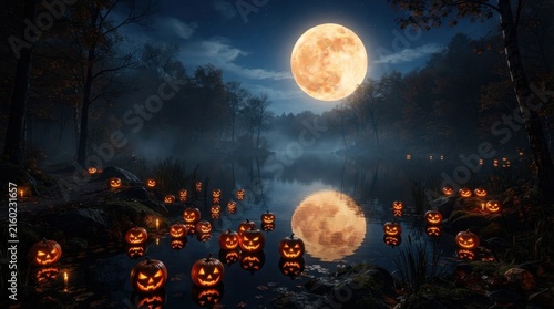 Jack O Lanterns Floating on Forest Lake