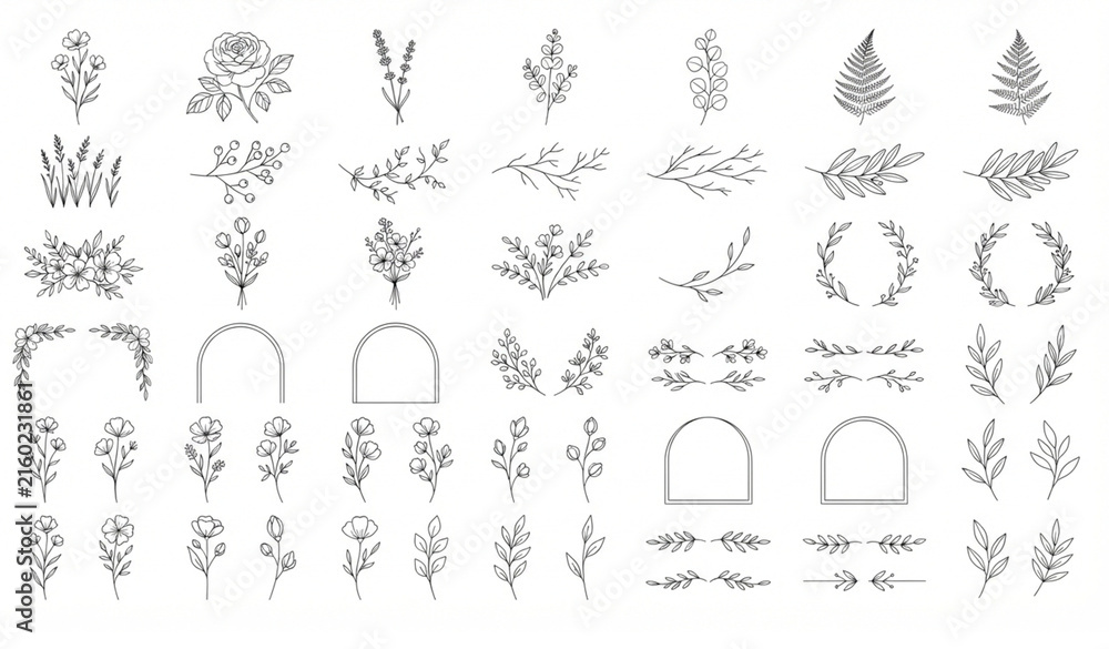 Elegant Fine Line Wildflower Botanical Elements Hand Drawn Vector Wedding Invitation Set