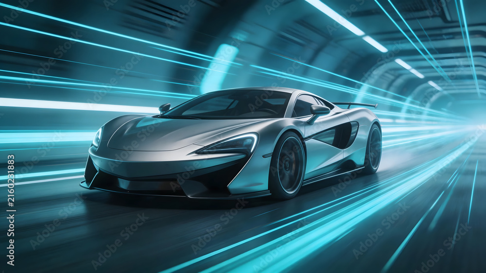 Fototapeta premium Silver futuristic sports car with blue light trails in tunnel
