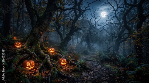 Old Tree Roots Surrounded by Jack O Lanterns