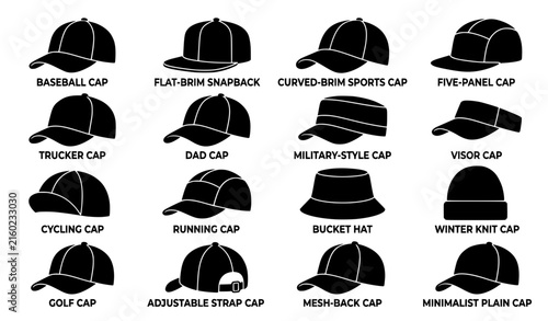 Cap silhouette black vector icon collection with baseball snapback sportswear and fashion hat styles