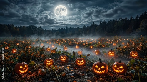 Misty Field of Carved Jack O Lanterns