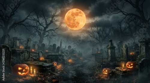 Golden Full Moon Over Spooky Cemetery with Pumpkins
