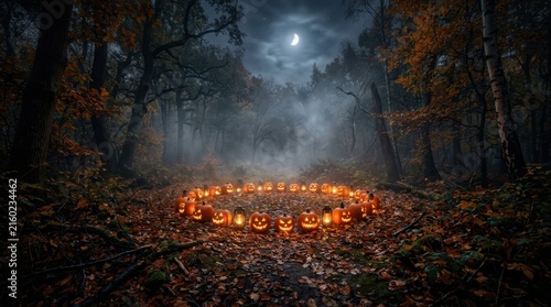 Ring of Carved Pumpkins in Misty Forest