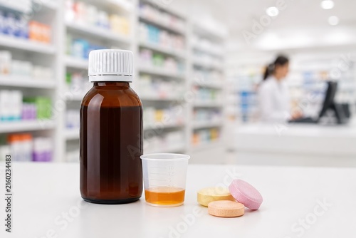 Botella de medicamento y pastillas en una farmacia durante el día