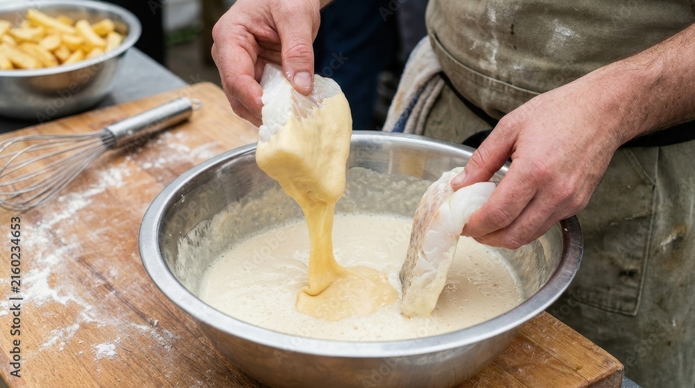 Fototapeta premium Chef dipping fresh cod fish fillet into thick batter for frying