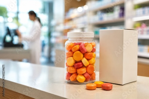 Muestra de frascos de caramelos y envases en una farmacia moderna en un día soleado
