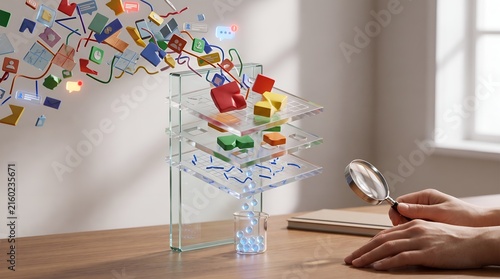 Big data analytics and information sorting process featuring transparent funnel refining digital marketing icons into droplets