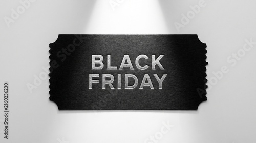 Black Friday Sale Ticket with Silver Embossed Text on Black Textured Background