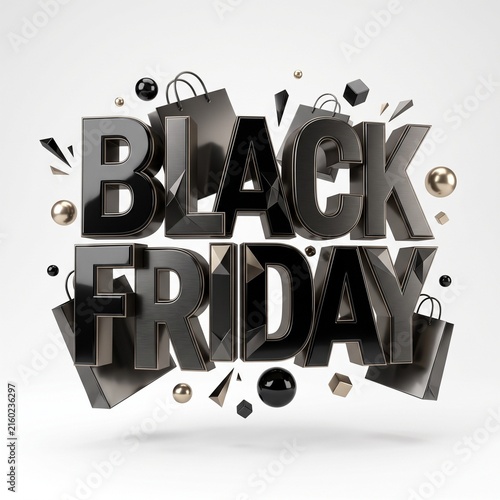 Black Friday 3D Text With Shopping Bags Geometric Shapes And Spheres On White Background