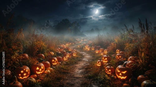 Spooky Dirt Path Lined with Pumpkins