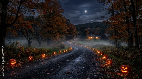Country Road Lined with Jack O Lanterns