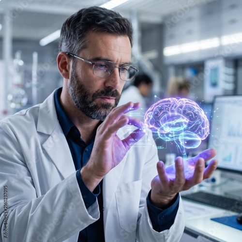 Scientist examining digital holographic brain model in modern medical laboratory