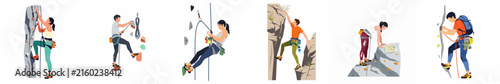 A set of flat vector illustrations of diverse climbers engaged in rock climbing, rappelling, and mountaineering activities, isolated on white background.