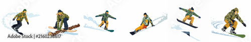 Collection of snowboarder illustrations performing various winter sports tricks and maneuvers on a white background.