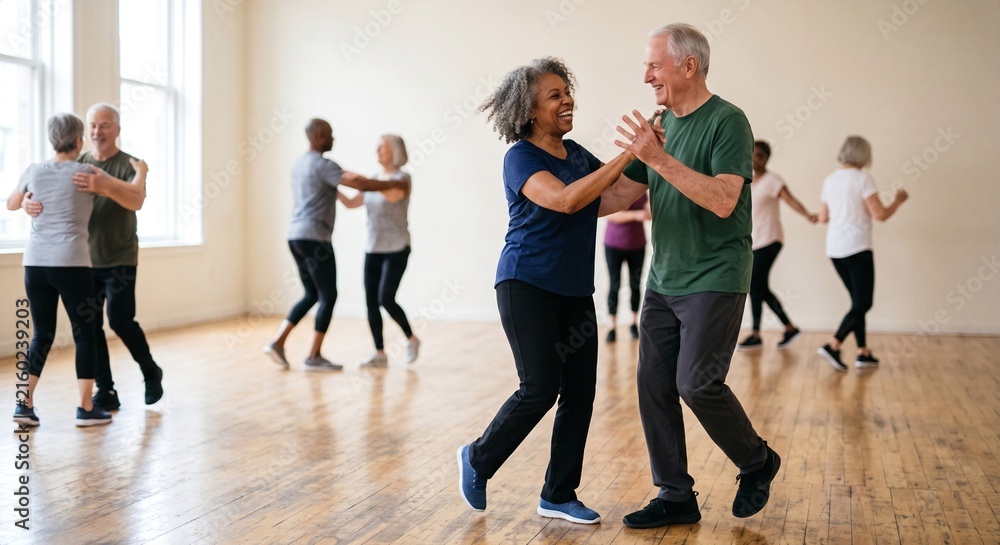Obraz premium Joyful Seniors Dancing Together in Group Dance Class, Active Retirement Community