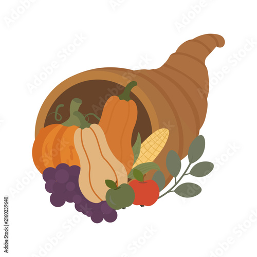 Thanksgiving cornucopia filled with autumn harvest vegetables and fruits. Pumpkin, corn, grapes and apples in horn of plenty. Traditional holiday symbol for fall season. Flat vector illustration isola