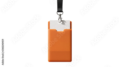 Orange plastic vertical id card sleeve with black lanyard and metal swivel clip featuring white insert card for corporate office employee identification and access.