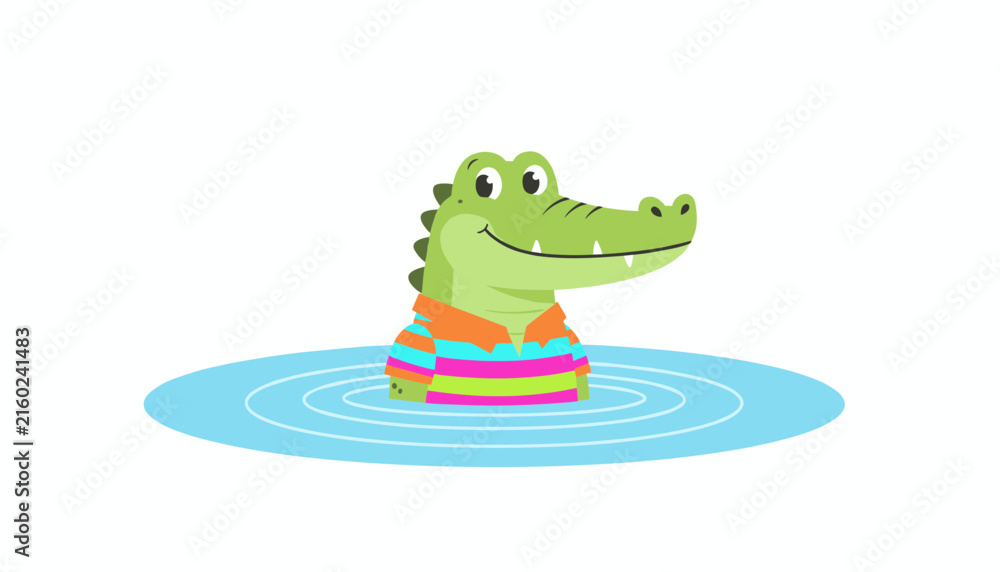 Obraz premium Friendly green alligator cartoon character wearing a colorful striped polo shirt swimming happily in blue water.