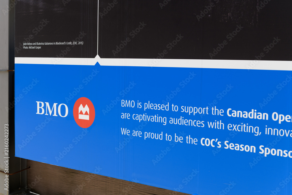 Fototapeta premium BMO, Bank of Montreal sponsorship banner outside the Canadian Opera Company at the Four Seasons Centre, 145 Queen Street West, Toronto