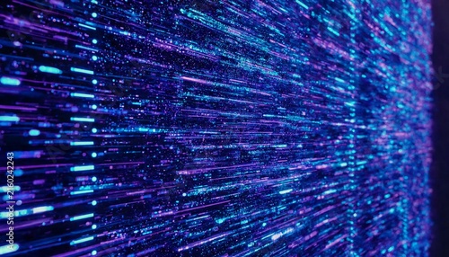Futuristic Digital Data Tunnel with Blue and Purple Light Trails
