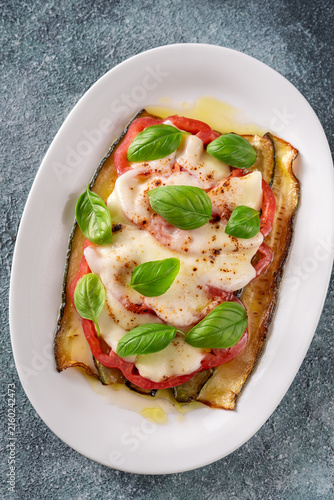 Grilled Zucchini With Tomato Torched Mozzarella Basil On Elegant White Porcelain Plate Today