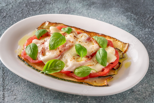 Grilled Zucchini With Tomato Torched Mozzarella Basil On Elegant White Porcelain Plate Today
