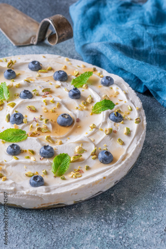 Rustic No Bake Mascarpone Cheesecake Topped With Blueberries Pistachios Maple Syrup And Mint
