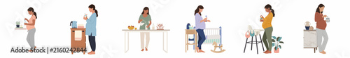 Set of flat illustrations showing pregnant women in various home settings, preparing meals, drinks, and setting up the nursery for their new baby.