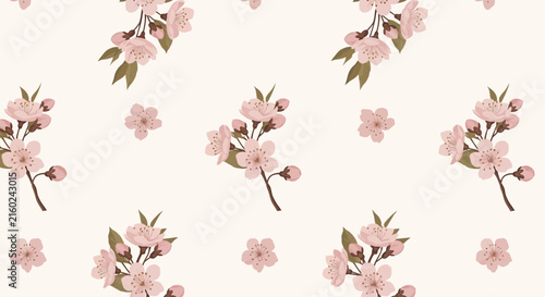 Seamless Pattern Pink Cherry Blossom Branch, Transparent Background