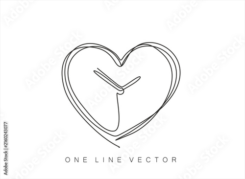 Single continuous line art of a heart with a clock dial inside, conceptual metaphor for time is life, minimalist vector illustration